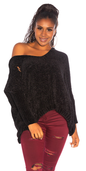 Trendy oversized chenille pullover met capuchon zwart
